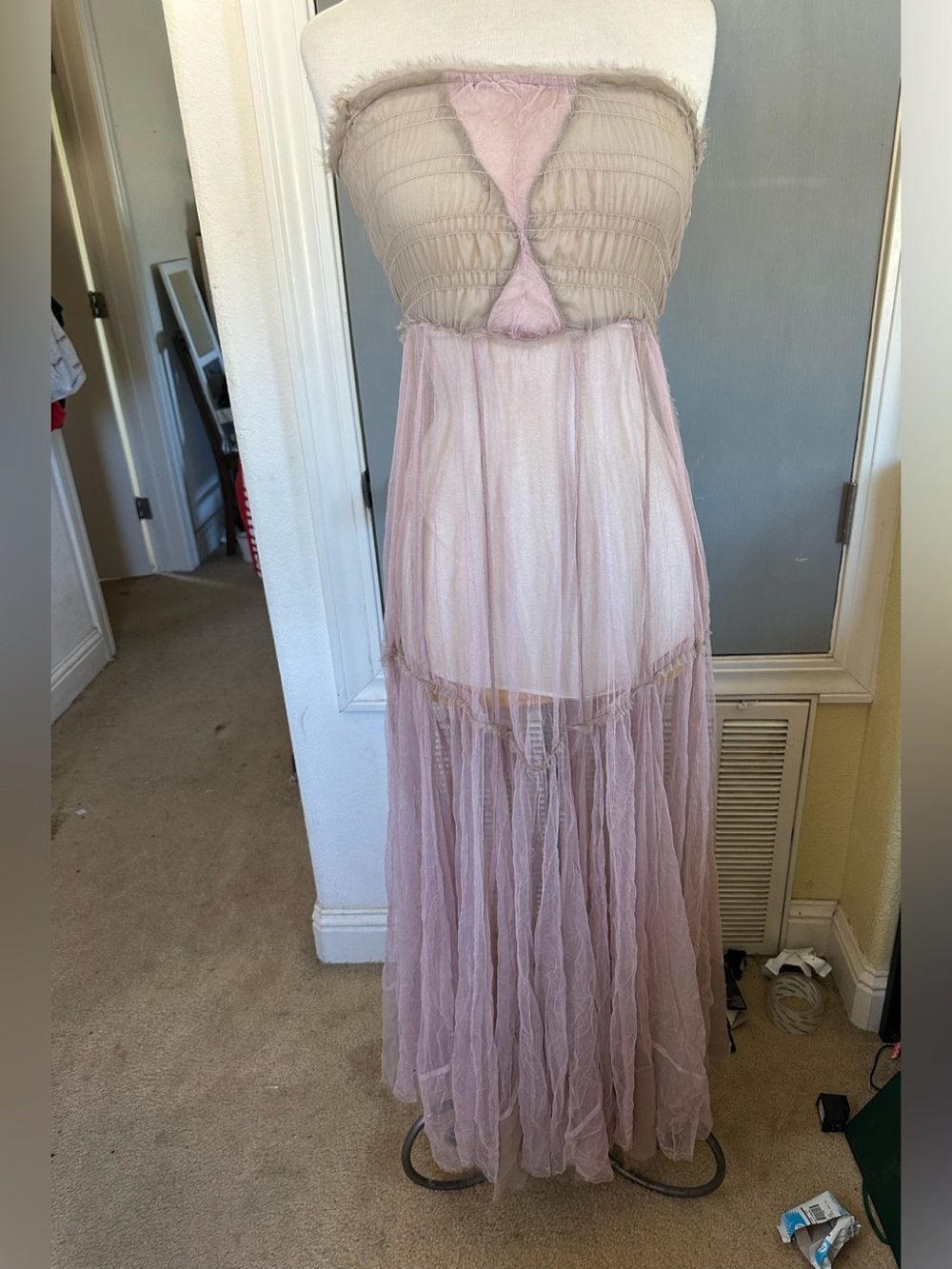 Strapless Blush Pink Tulle Maxi Dress with Smocked Bodice